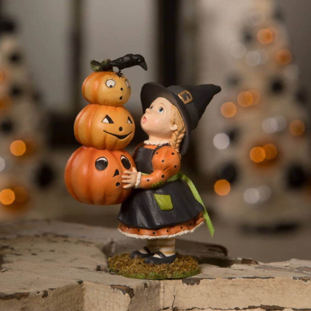 Bethany Lowe Pumpkin Patch Pippa Halloween Witch Girl w/ Jack O Lanterns & Crow